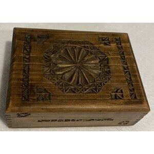 Vintage Hand Carved Wood Wooden Trinket Storage dovetailed Box with Hinged Lid
